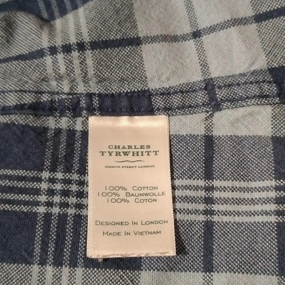 Charles Tyrwhitt Men's Sz Large Slim Fit Button Down Shirt Blue Plaid Cotton EUC - Picture 7 of 9